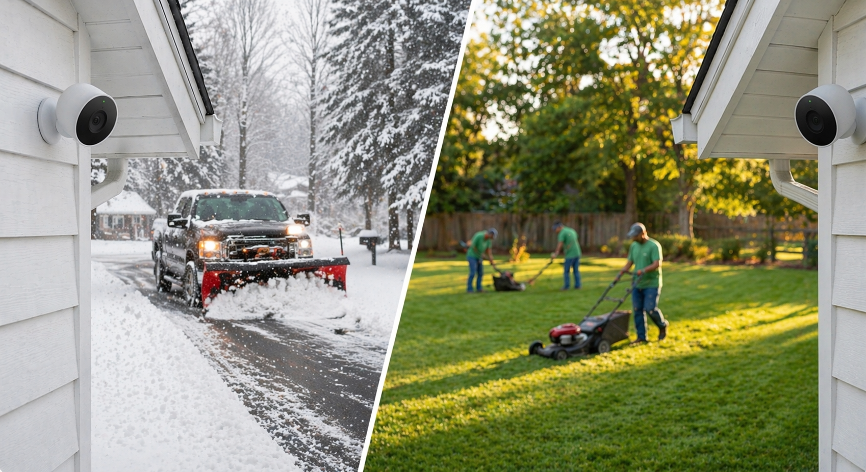 Split-season LawnLedger visual showing Nest cameras framing landscapers in warm weather and a plow truck in snow